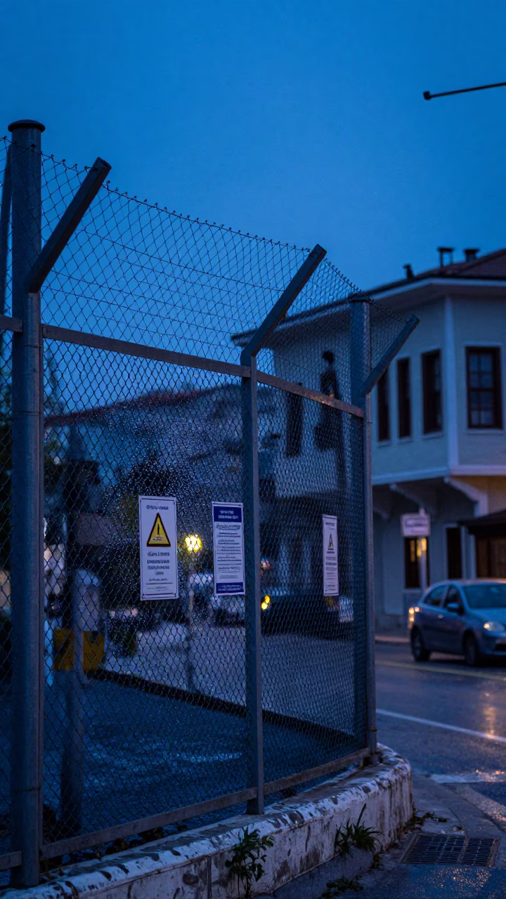 Indigo Twilight Street Scene in Izmir Turkey With Substation Fence And Dew in in Izmir, Turkey