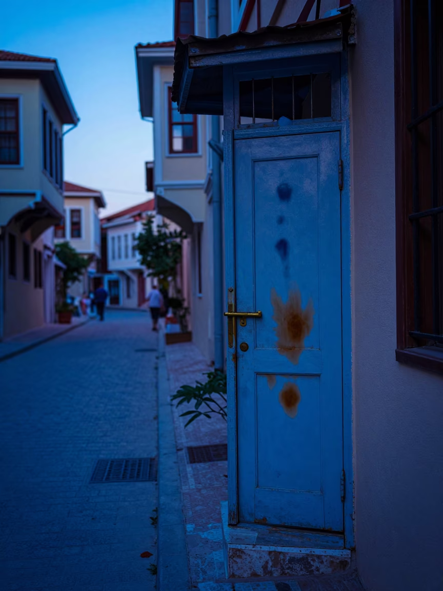 Indigo Twilight Street Scene in Izmir Turkey with Tea Stains and Work Stool in in Izmir, Turkey