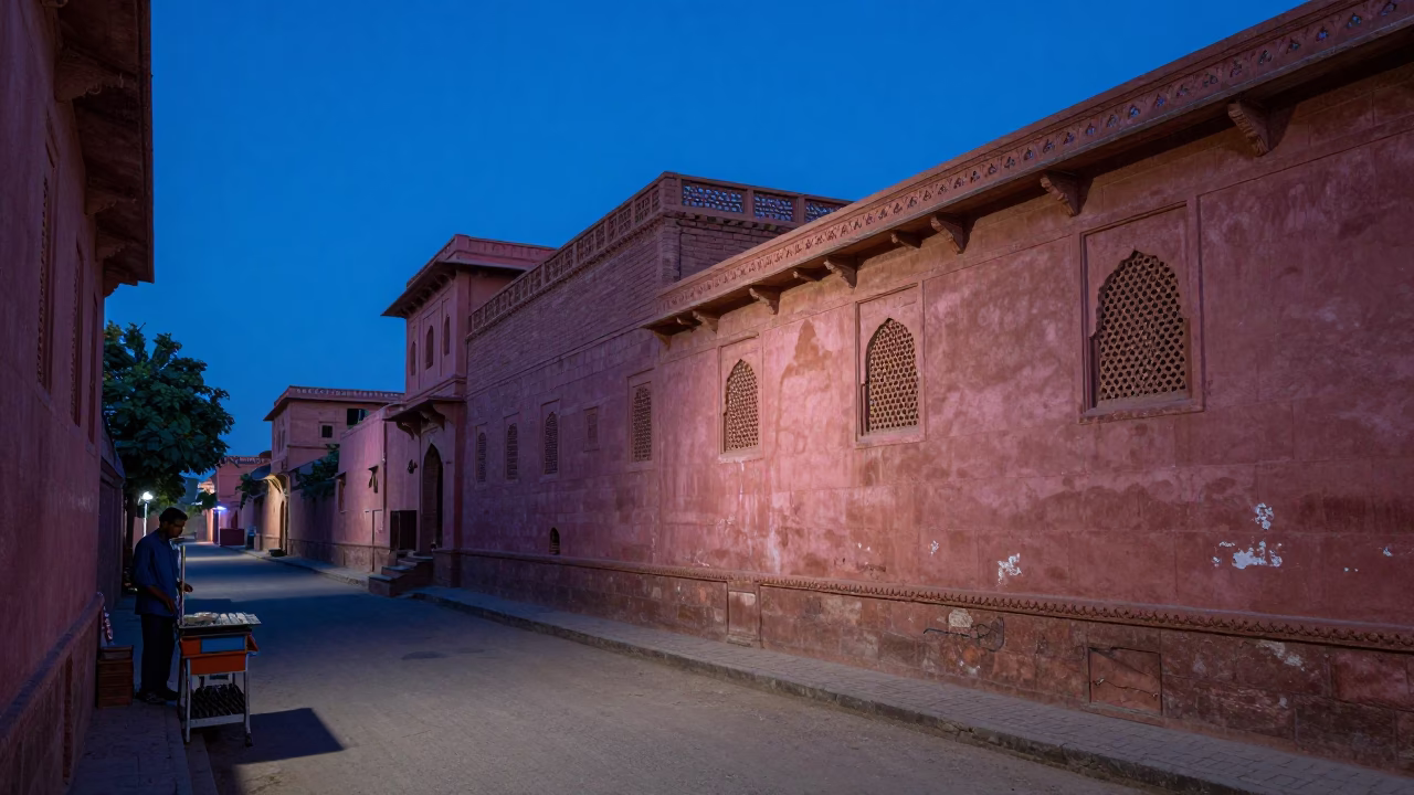 Indigo Twilight Street Scene in Jaipur India with Brick Architecture and Local Commerce in in Jaipur, India
