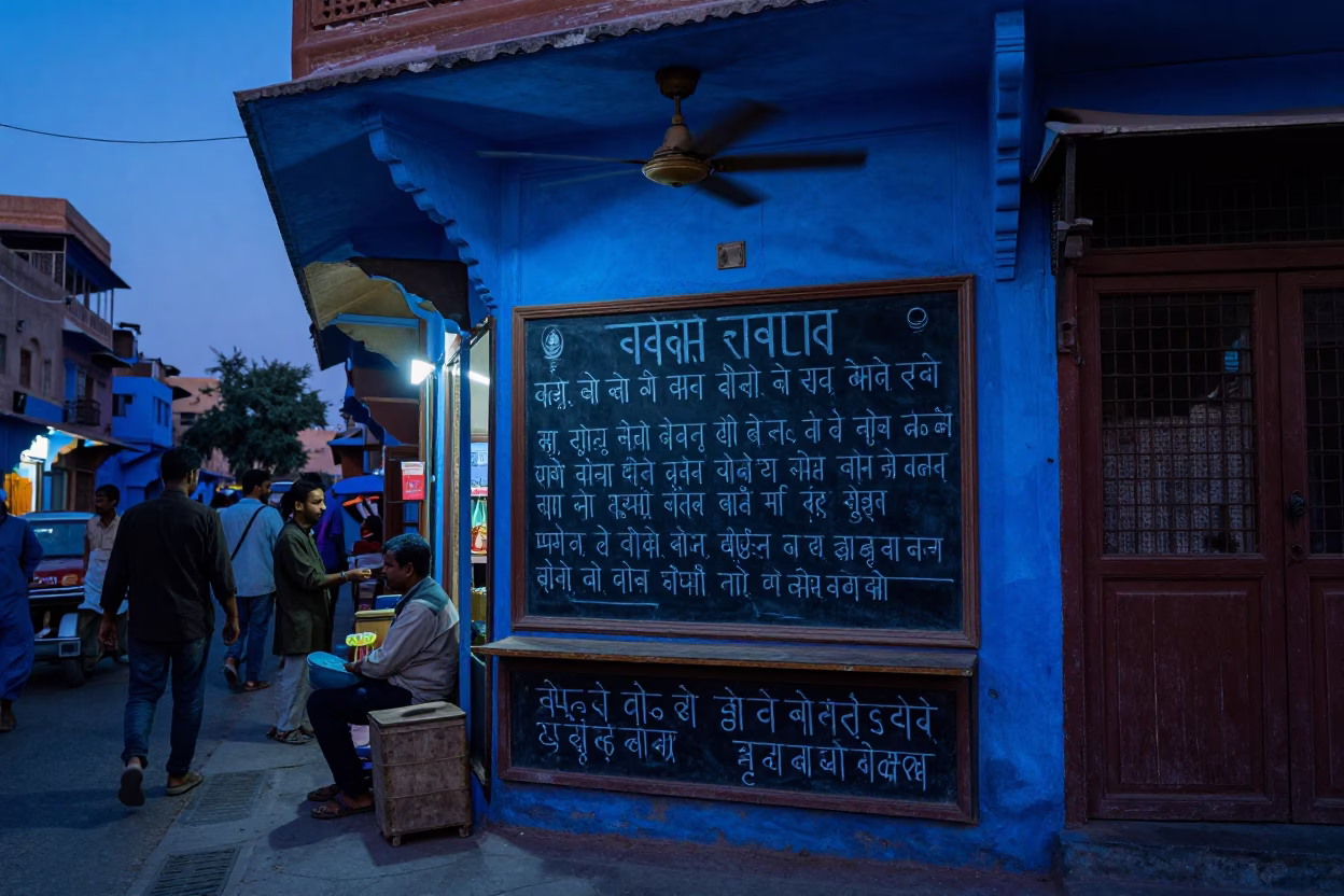 Indigo Twilight Street Scene in Jaipur India with Chalkboard and Ceiling Fan in in Jaipur, India