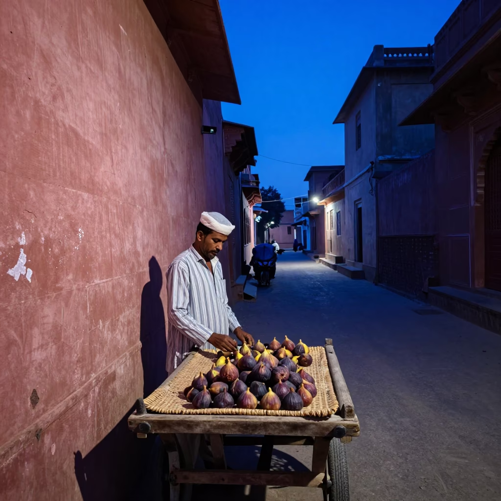 Indigo Twilight Street Scene in Jaipur India with Figs and Striped Fabric in in Jaipur, India