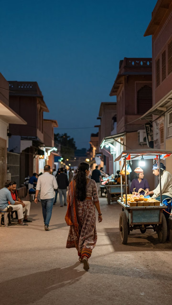 Indigo Twilight Street Scene in Jaipur India with Vintage 1990s Fashion Aesthetic in in Jaipur, India
