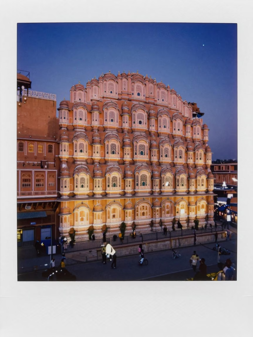 Indigo Twilight Street Scene in Jaipur India with Yellow Building Facade and Local Commerce in in Jaipur, India