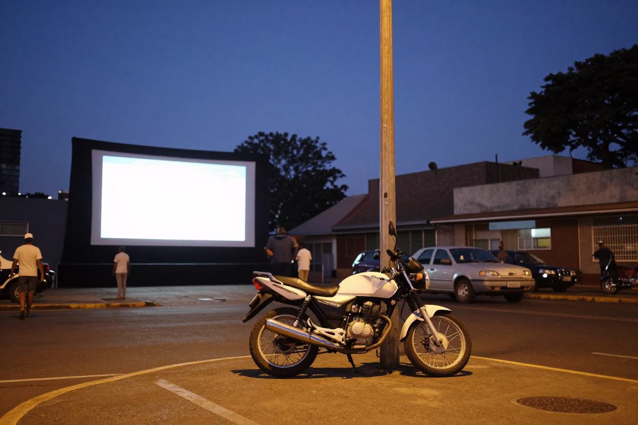 Indigo Twilight Street Scene in Johannesburg South Africa with Outdoor Cinema and Motorcycle in in Johannesburg, South Africa