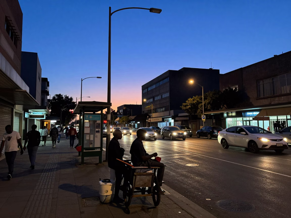 Indigo Twilight Street Scene in Johannesburg South Africa with Street Vendor and Metro Train in in Johannesburg, South Africa
