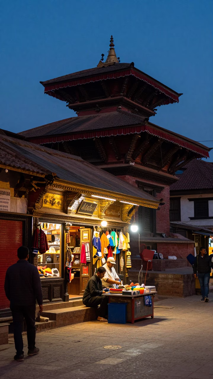 Indigo Twilight Street Scene in Kathmandu Nepal with Colorful Shopfronts and Local Life in in Kathmandu, Nepal
