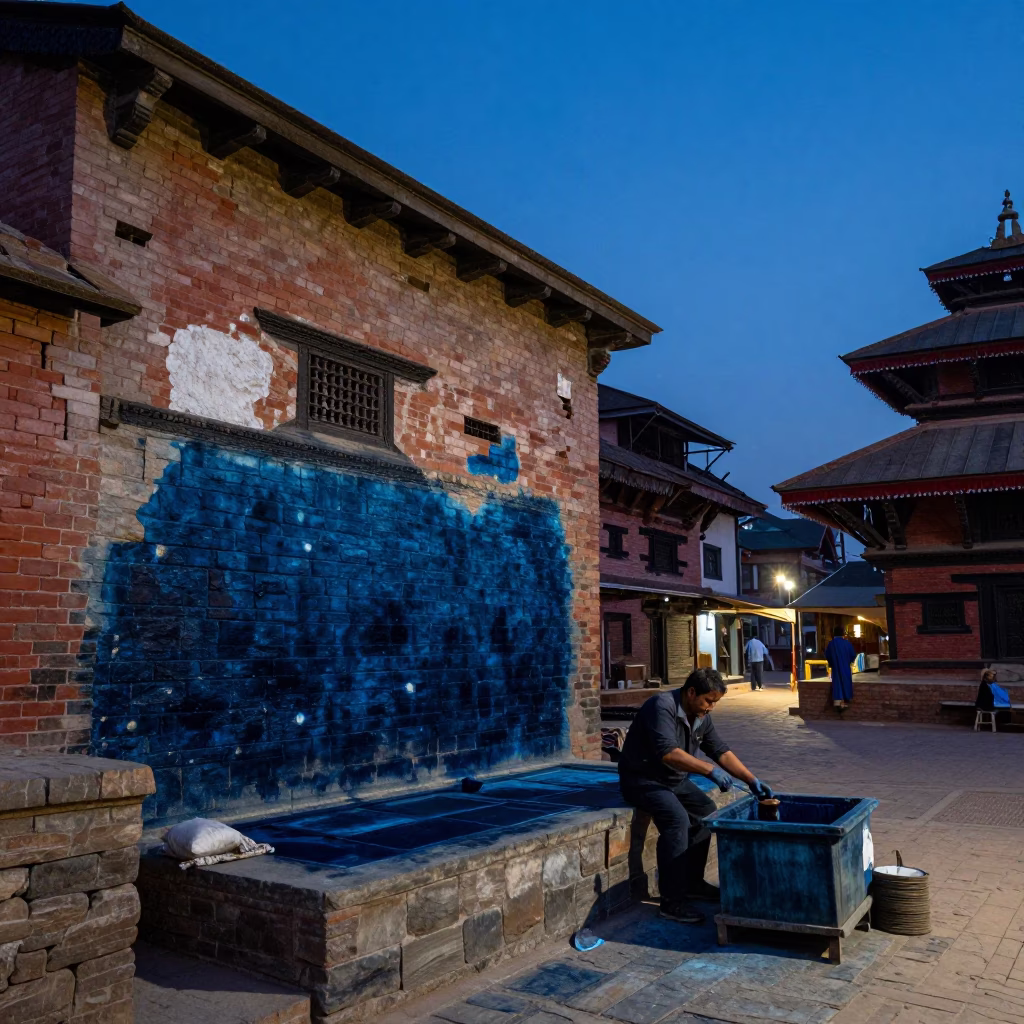 Indigo Twilight Street Scene in Kathmandu Nepal with Dyer and Stone Wall in in Kathmandu, Nepal