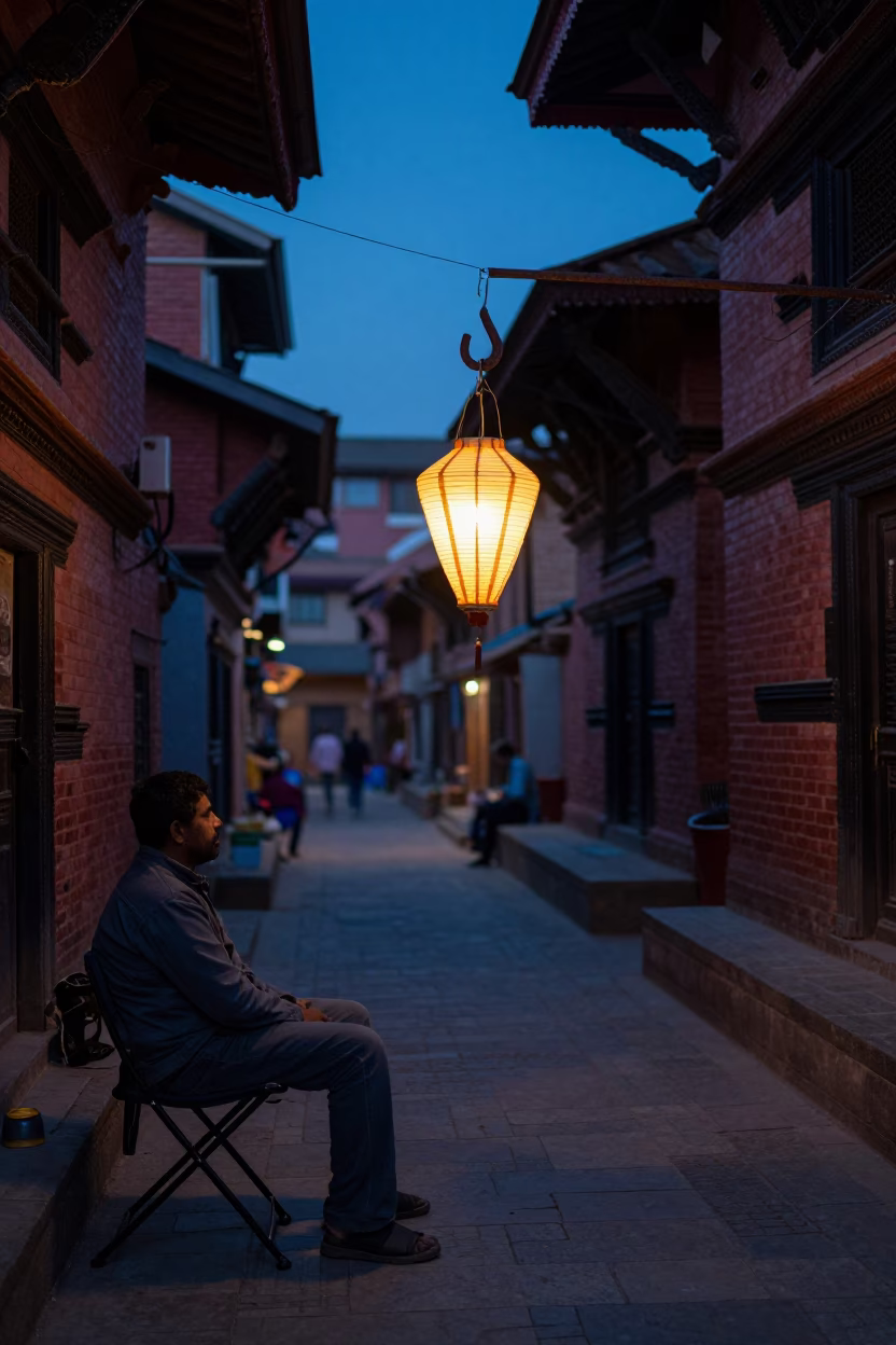 Indigo Twilight Street Scene in Kathmandu Nepal with Folding Chair and Lantern Glow in in Kathmandu, Nepal