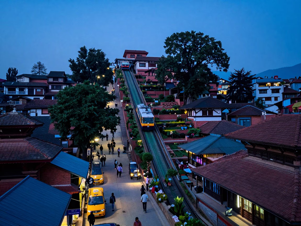 Indigo Twilight Street Scene in Kathmandu Nepal with Funicular and Local Life in in Kathmandu, Nepal
