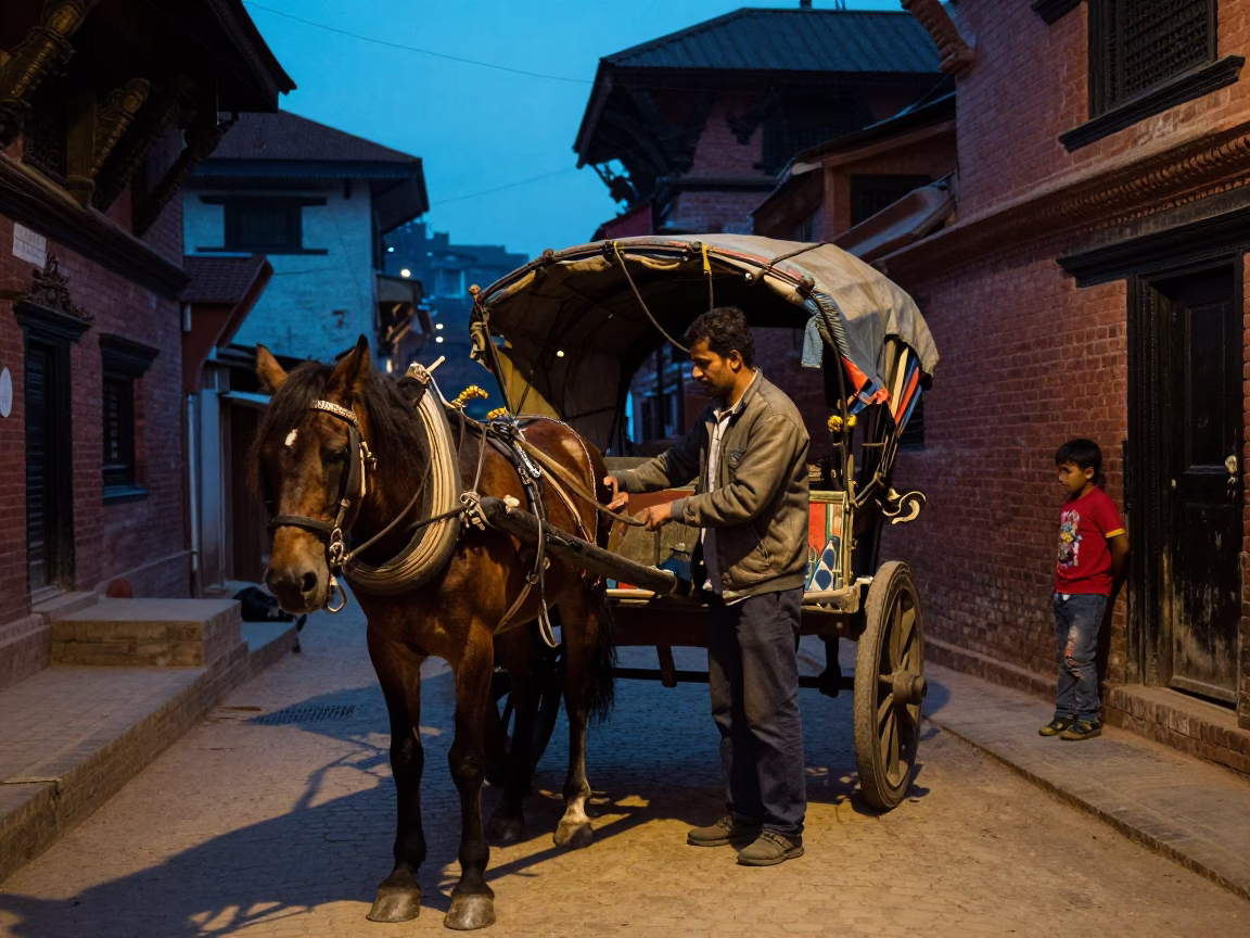 Indigo Twilight Street Scene in Kathmandu Nepal with Horse Cart and Local Life in in Kathmandu, Nepal