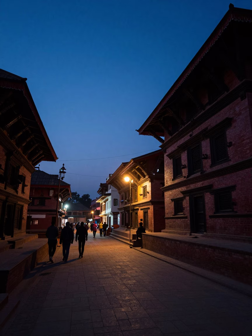 Indigo Twilight Street Scene in Kathmandu Nepal with Lint on Dark Fabric Detail in in Kathmandu, Nepal