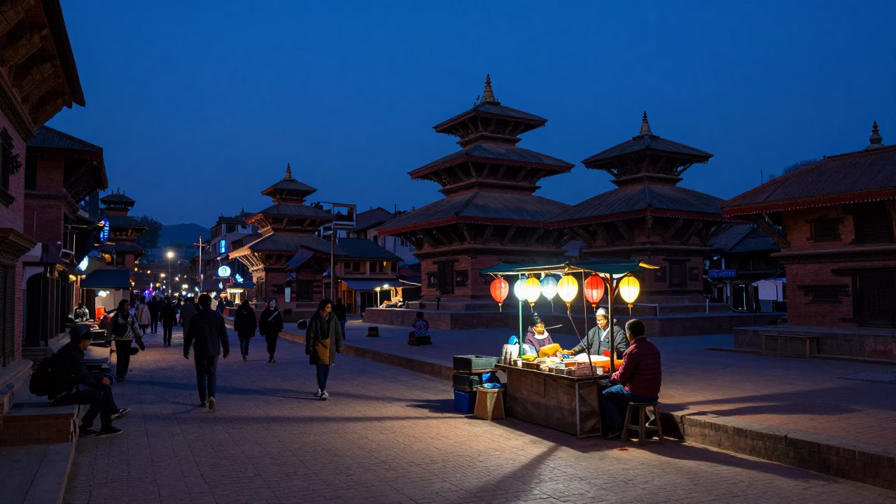 Indigo Twilight Street Scene in Kathmandu Nepal with Paper Lantern and Urban Life in in Kathmandu, Nepal