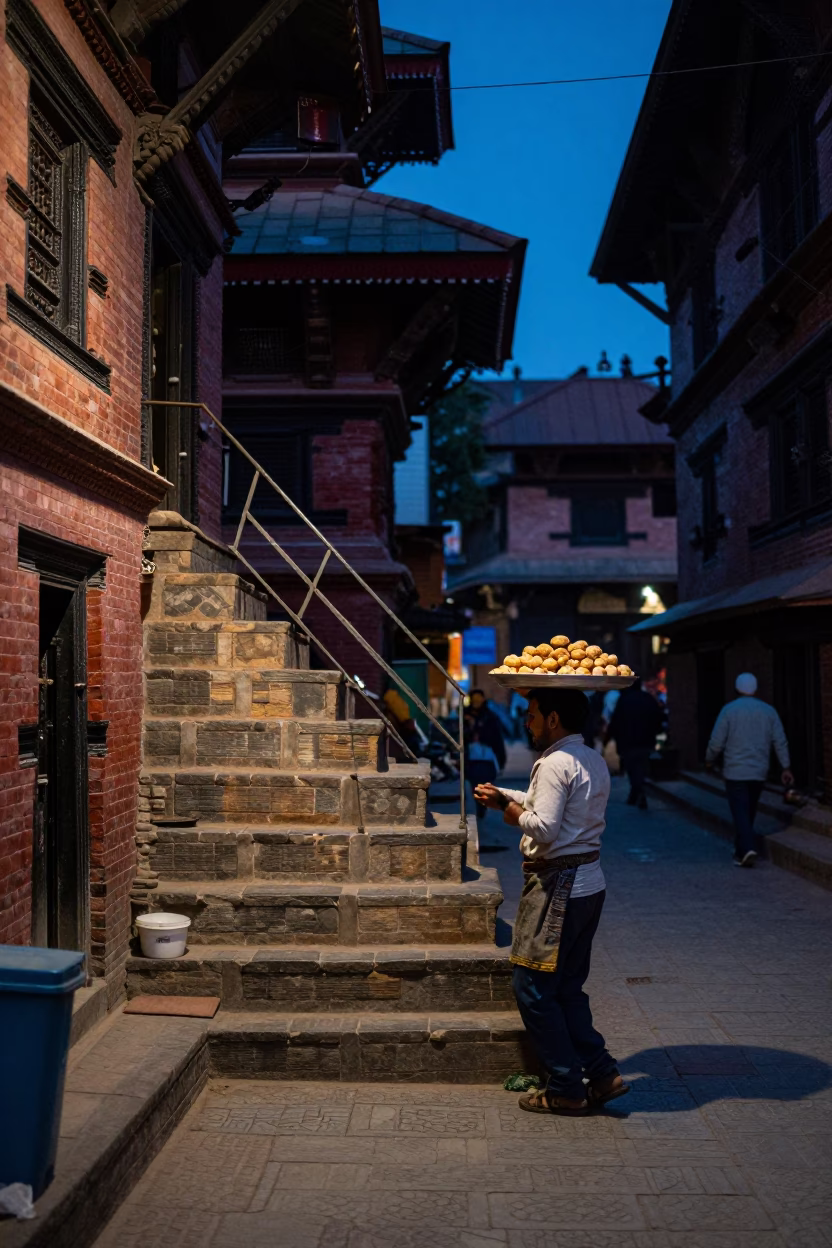 Indigo Twilight Street Scene in Kathmandu Nepal with Pastries and Stair Rail in in Kathmandu, Nepal