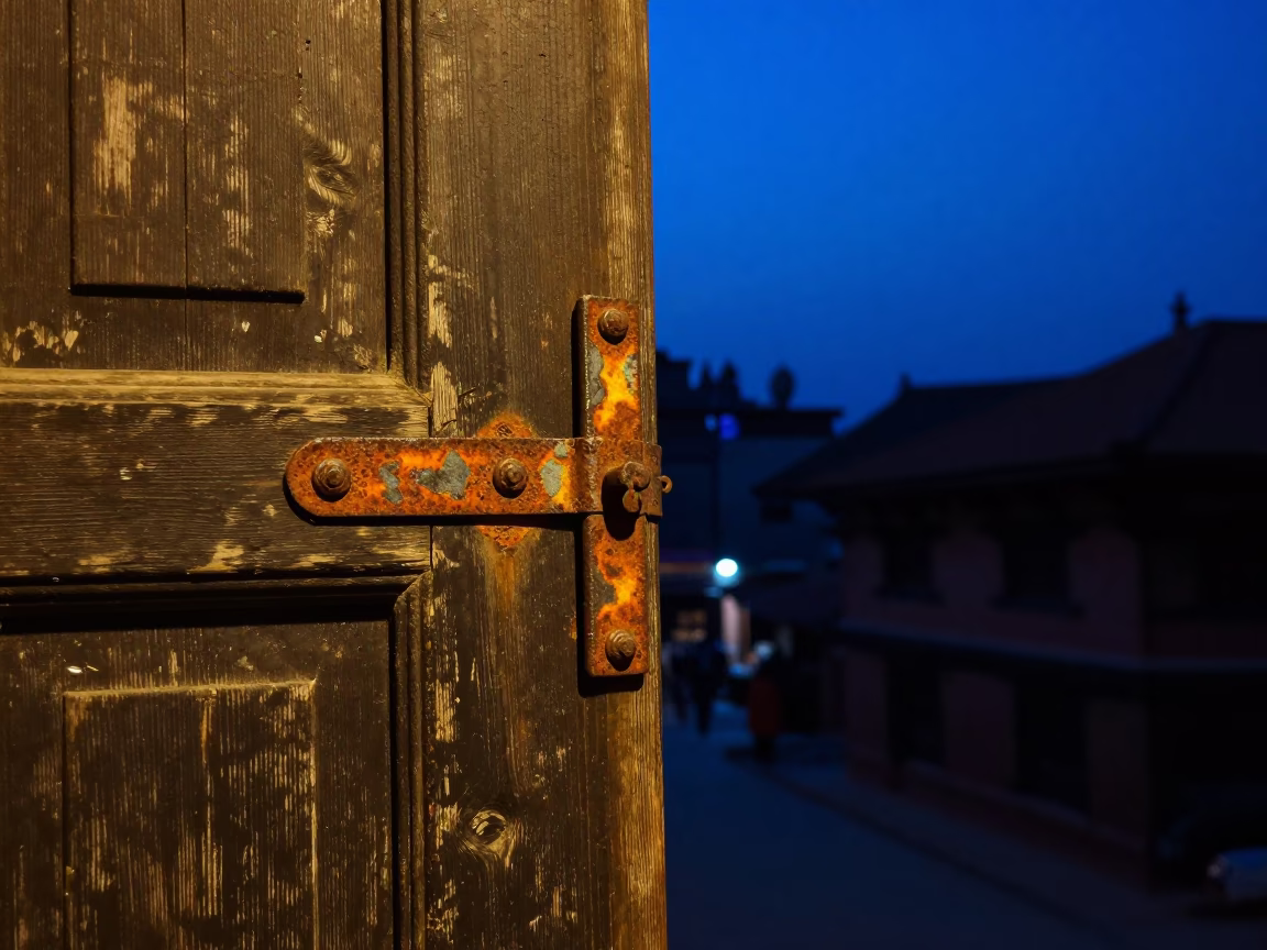 Indigo Twilight Street Scene in Kathmandu Nepal with Rusty Hinge and Cherries in in Kathmandu, Nepal
