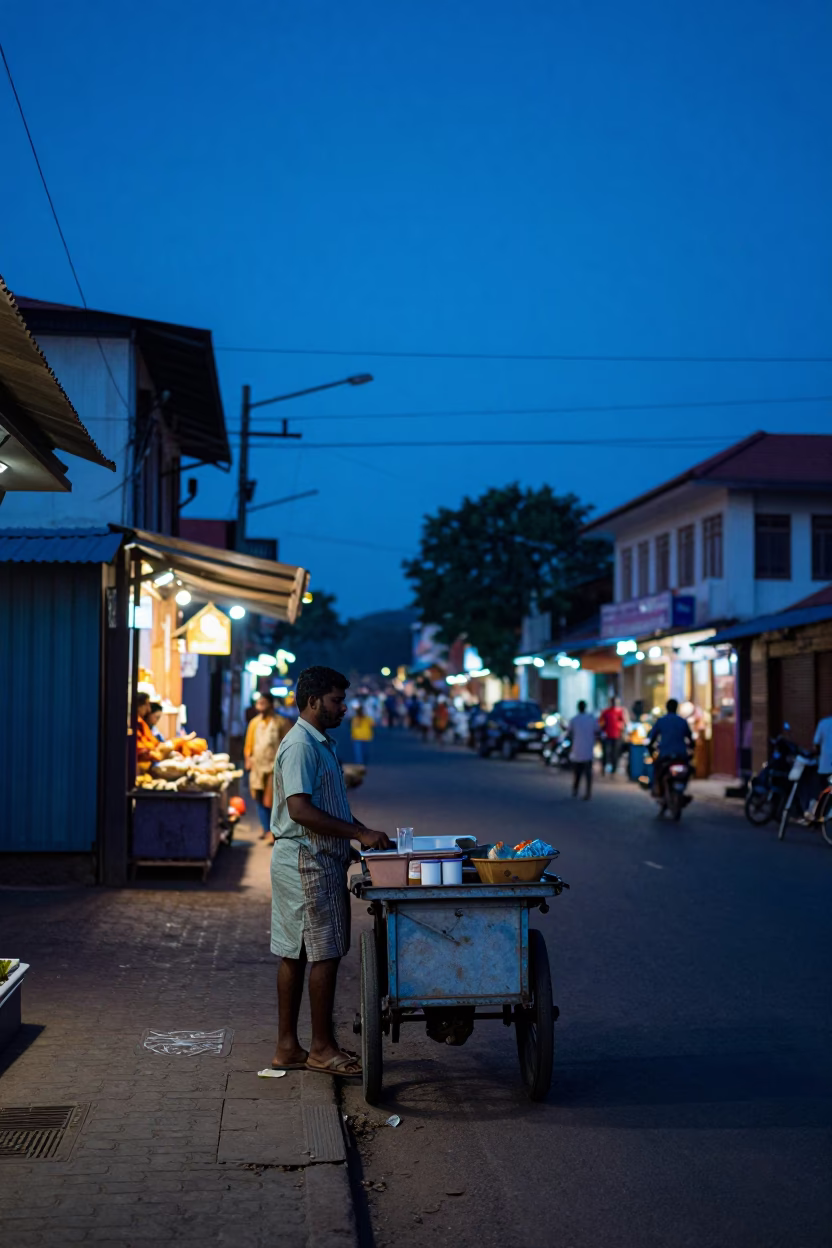 Indigo Twilight Street Scene in Kochi India with Glass Tumbler and Condensation in in Kochi, India