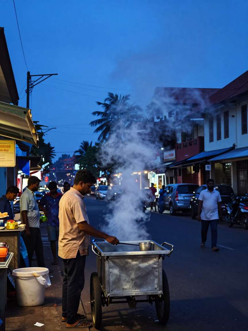 Indigo Twilight Street Scene in Kochi India with Steam from Cardamom Chai in in Kochi, India