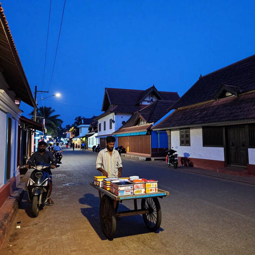 Indigo Twilight Street Scene in Kochi India with Tin Box Vendor and Busy Crowd in in Kochi, India
