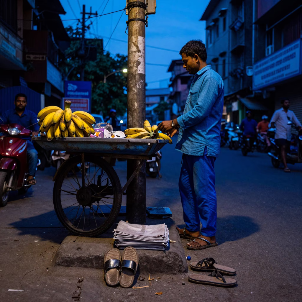 Indigo Twilight Street Scene in Kolkata India with Banana Vendor and Slippers in in Kolkata, India