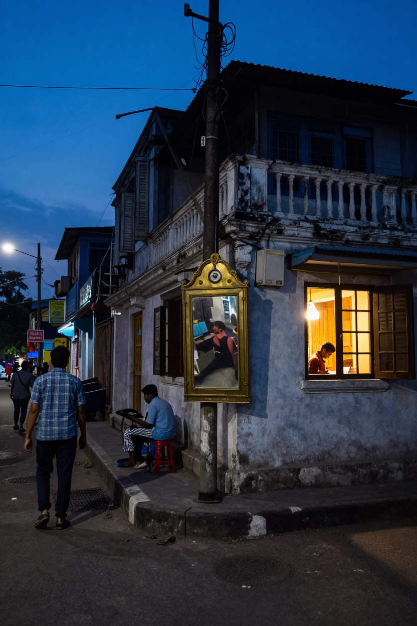 Indigo Twilight Street Scene in Kolkata India with Brass Mirror and Classroom Elements in in Kolkata, India
