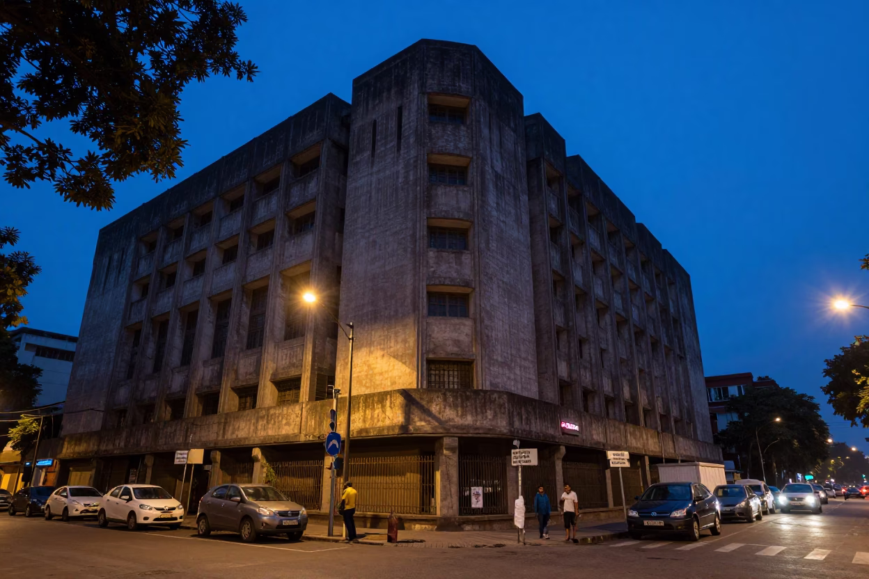Indigo Twilight Street Scene in Kolkata India with Brutalist Architecture and Night Market in in Kolkata, India