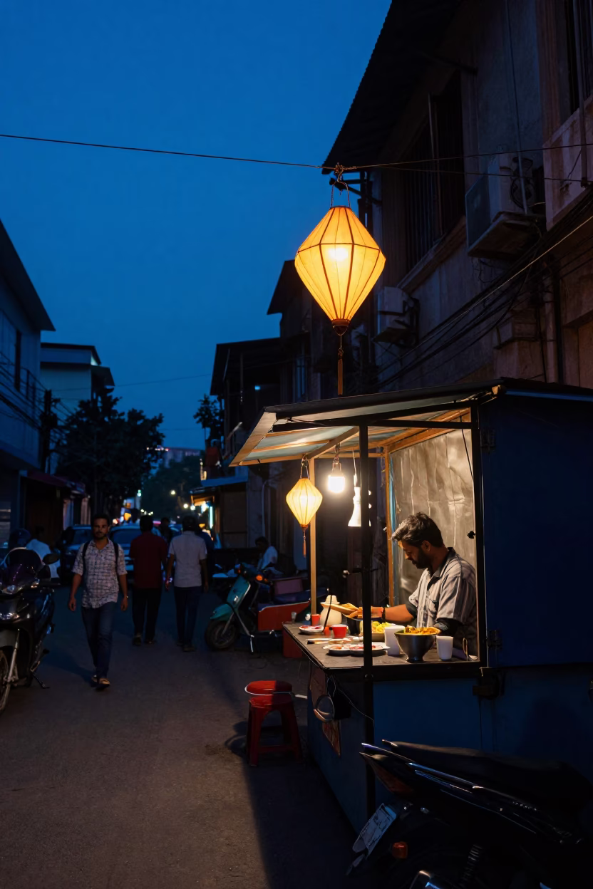 Indigo Twilight Street Scene in Kolkata India with Lanterns and Daily Life in in Kolkata, India