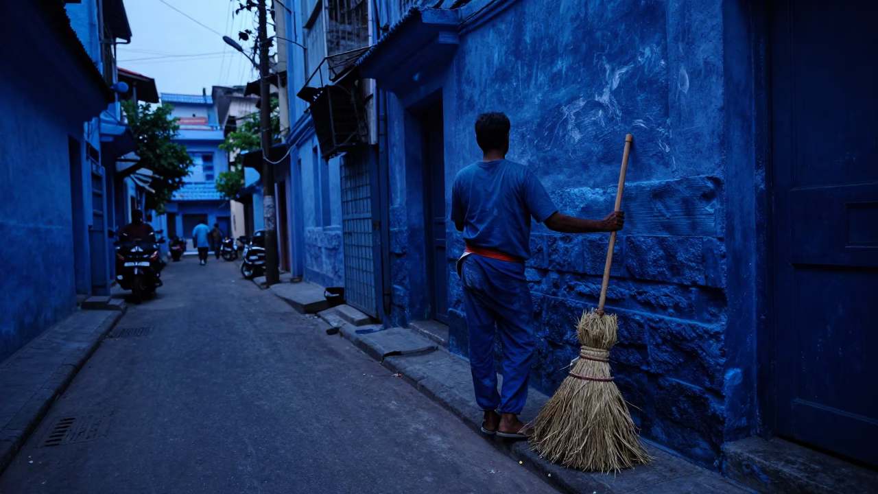 Indigo Twilight Street Scene in Kolkata India with Mops and Soap Bottle in in Kolkata, India