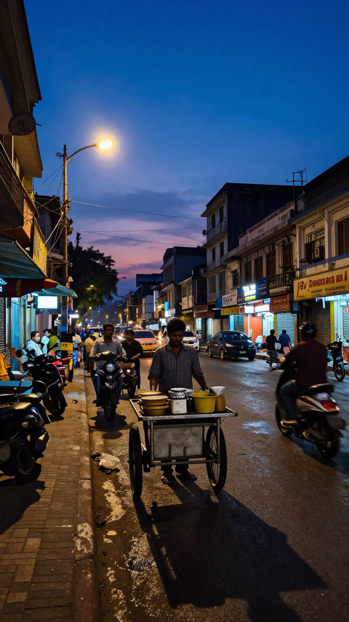 Indigo Twilight Street Scene in Kolkata India with Night Lights and Local Vendor in in Kolkata, India