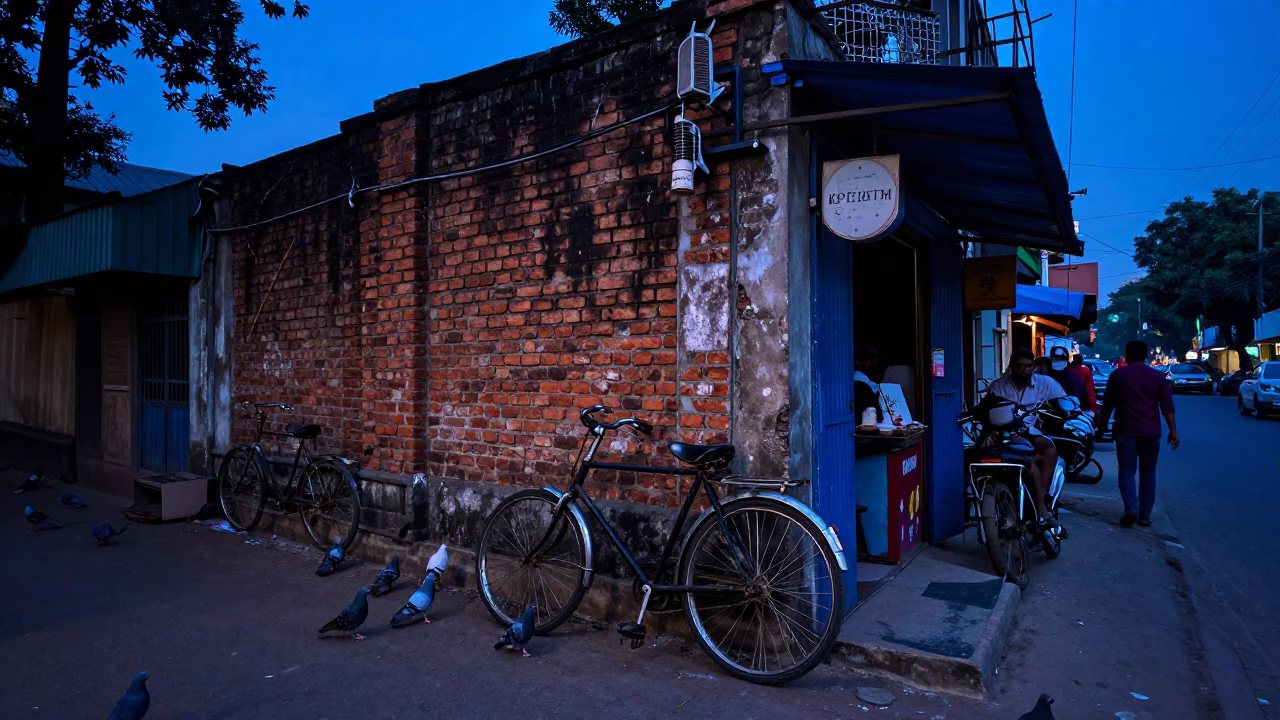 Indigo Twilight Street Scene in Kolkata India with Pigeons and Vintage Bicycle in in Kolkata, India