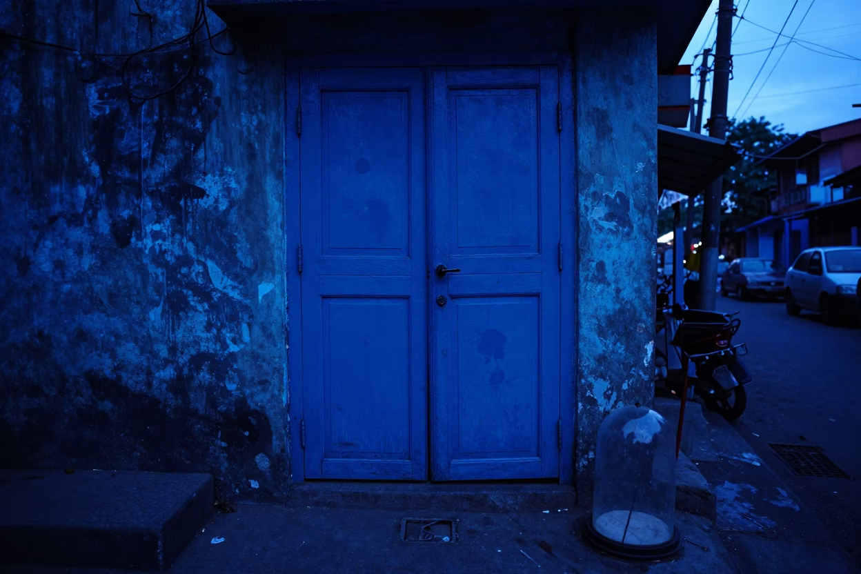 Indigo Twilight Street Scene in Kolkata India with Smudged Cabinet Door and Garden Cloche in in Kolkata, India