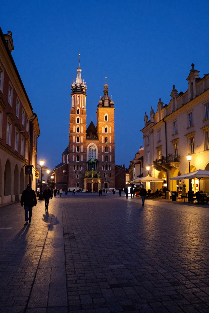 Indigo Twilight Street Scene in Krakow Poland with Bell Tower and Cobblestones in in Krakow, Poland