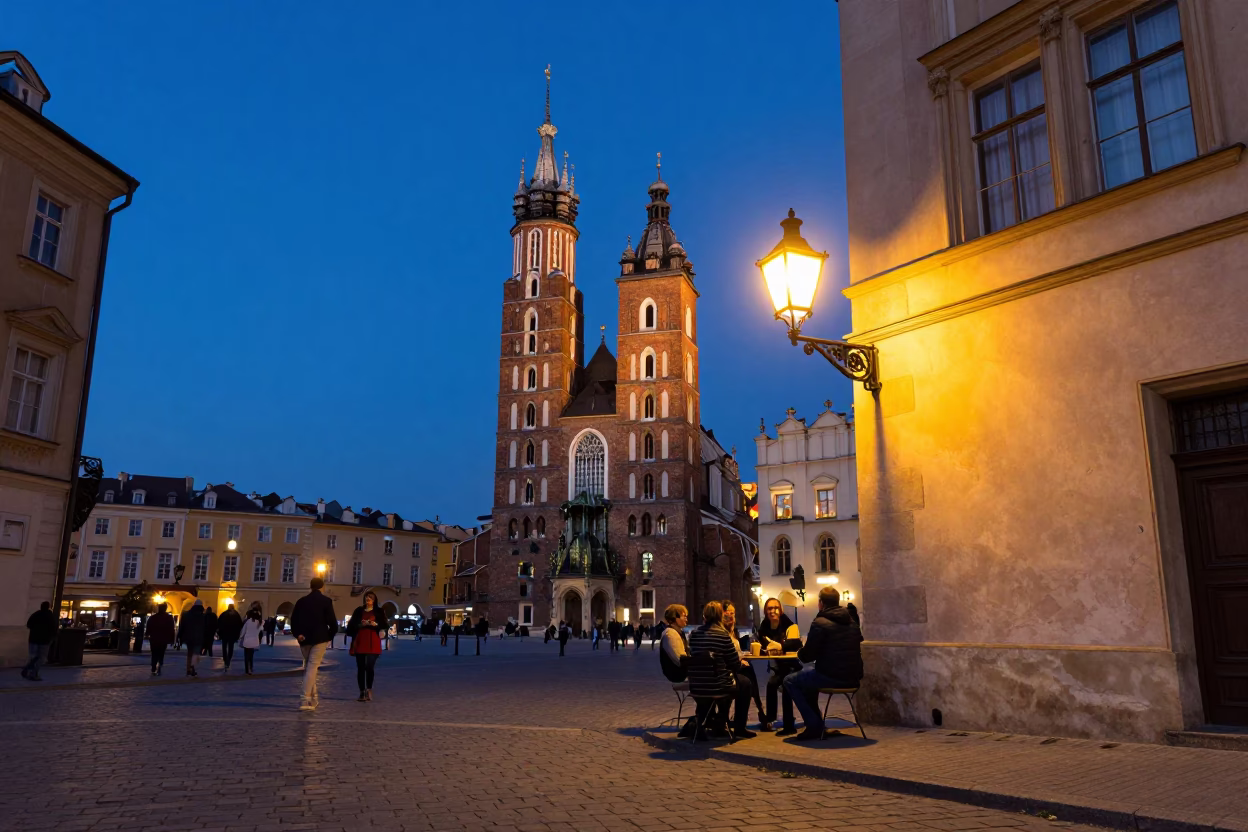 Indigo Twilight Street Scene in Krakow Poland with Historic Architecture in in Krakow, Poland