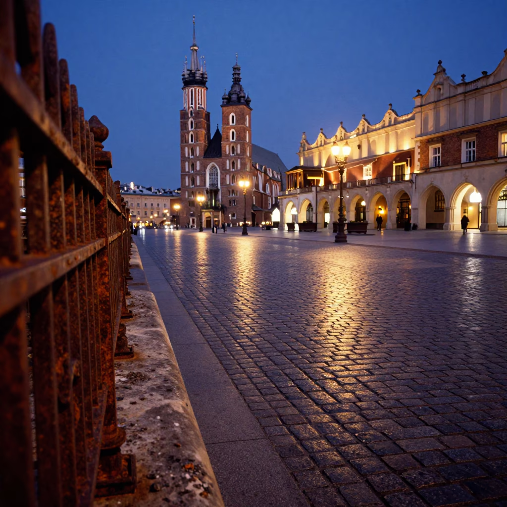 Indigo Twilight Street Scene in Krakow Poland with Rusty Rail and Wicker Shadow Details in in Krakow, Poland