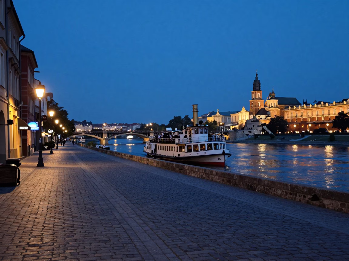 Indigo Twilight Street Scene in Krakow Poland with Steamboat and Bridge Pier in in Krakow, Poland