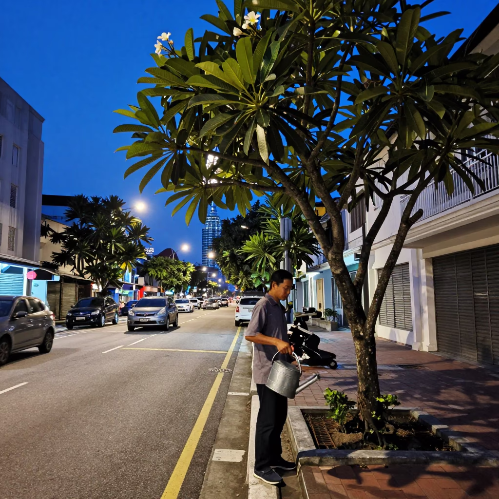 Indigo Twilight Street Scene in Kuala Lumpur Malaysia with Plumeria Tree and Watering Jug in in Kuala Lumpur, Malaysia
