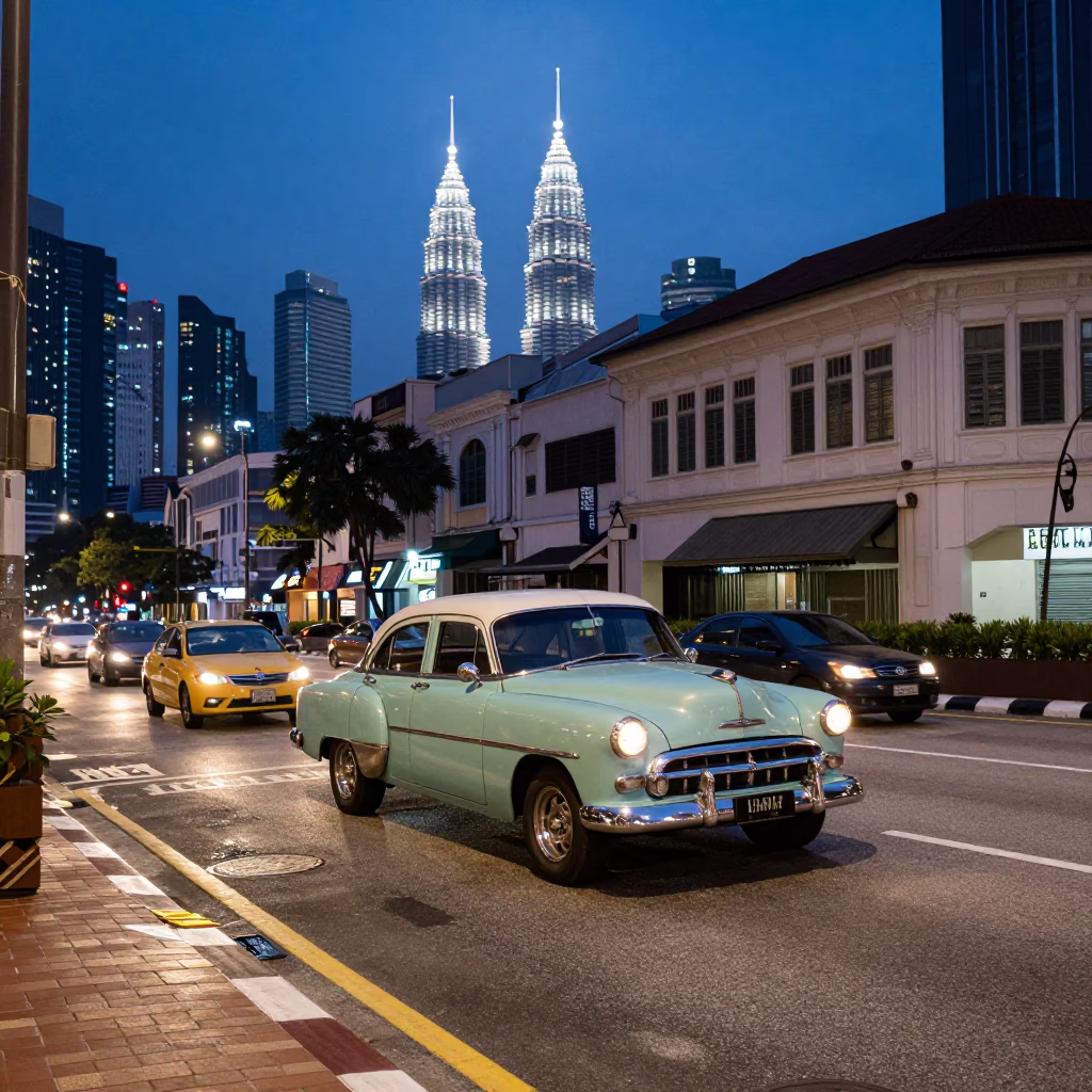 Indigo Twilight Street Scene in Kuala Lumpur Malaysia with Vintage Car and Bicycle Rack in in Kuala Lumpur, Malaysia