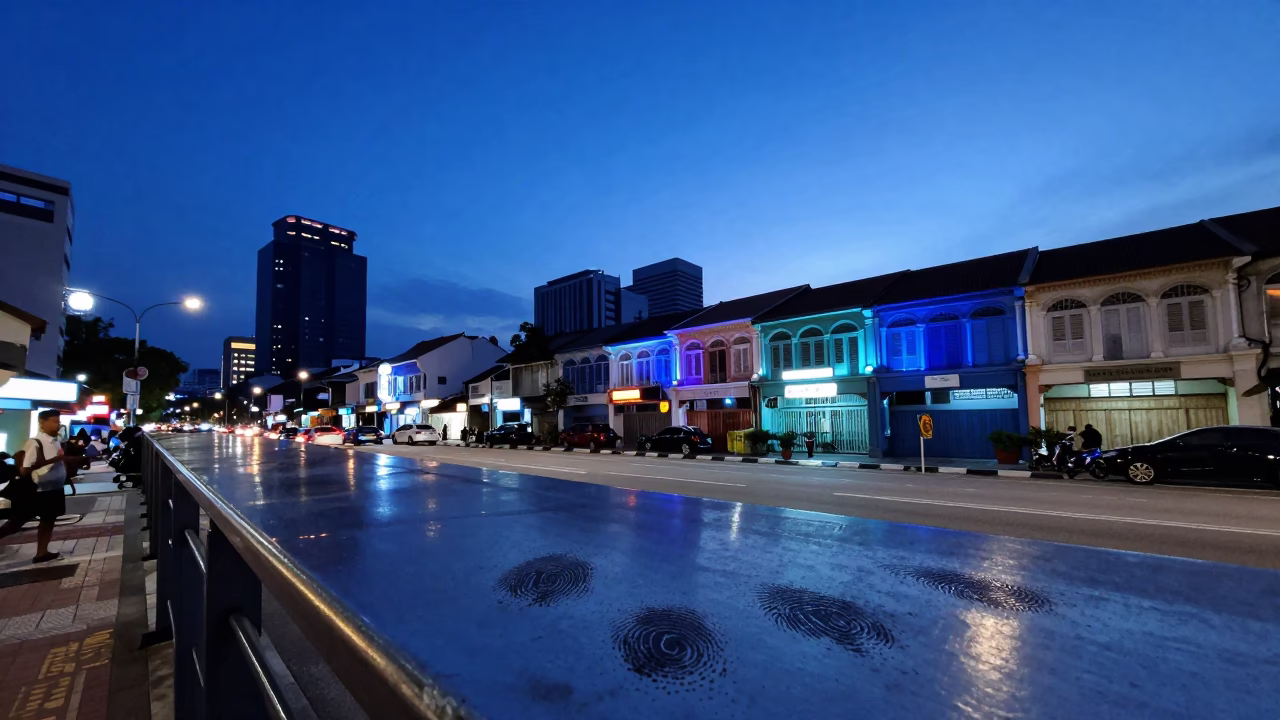 Indigo Twilight Street Scene in Kuala Lumpur with Fingerprints on Metal Rail in in Kuala Lumpur, Malaysia