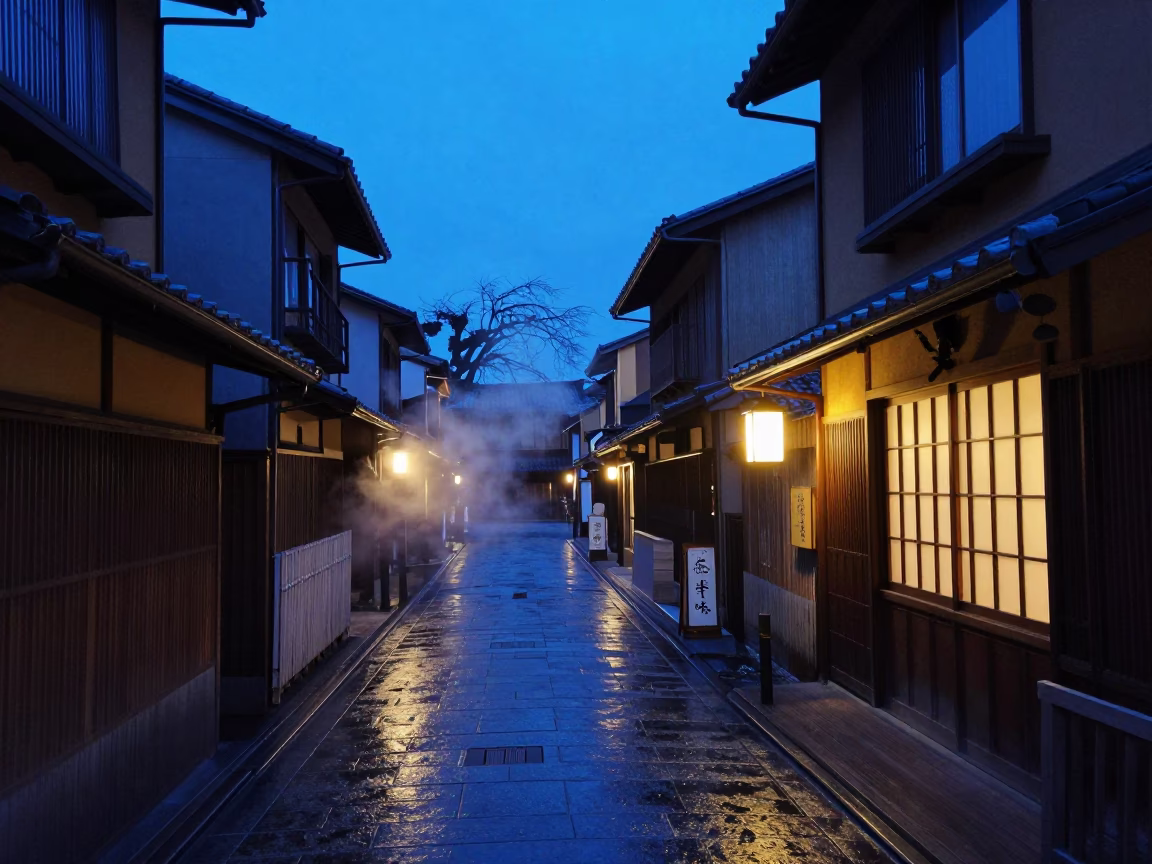 Indigo Twilight Street Scene in Kyoto Japan with Steam Rising from Miso Soup Bowl in in Kyoto, Japan