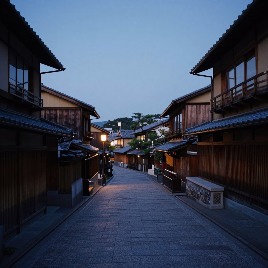 Indigo Twilight Street Scene in Kyoto Japan with Traditional Architecture and Urban Details in in Kyoto, Japan