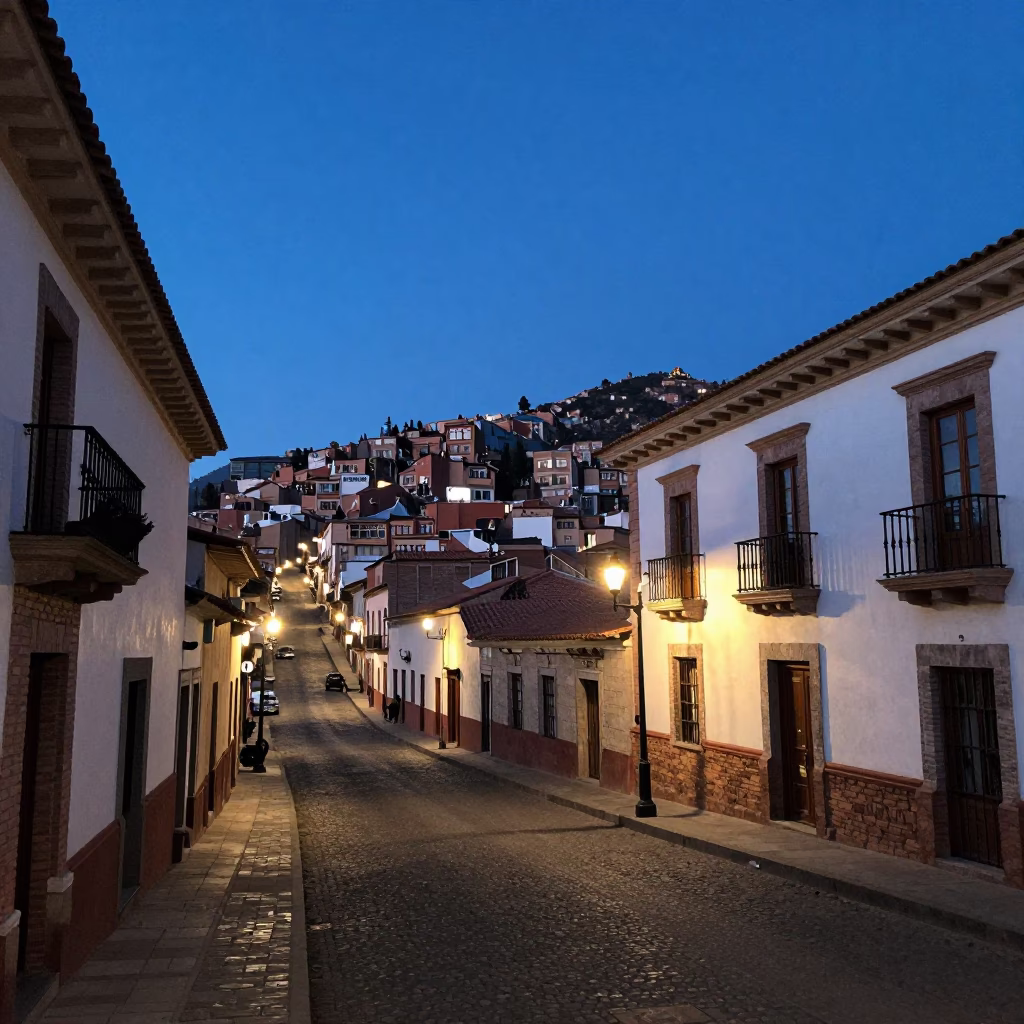 Indigo Twilight Street Scene in La Paz Bolivia with Aji de Gallina Plate in in La Paz, Bolivia
