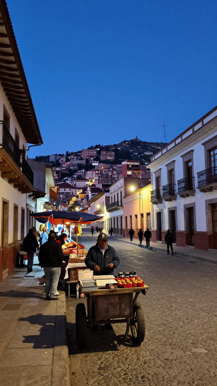 Indigo Twilight Street Scene in La Paz Bolivia with Local Market Activity in in La Paz, Bolivia