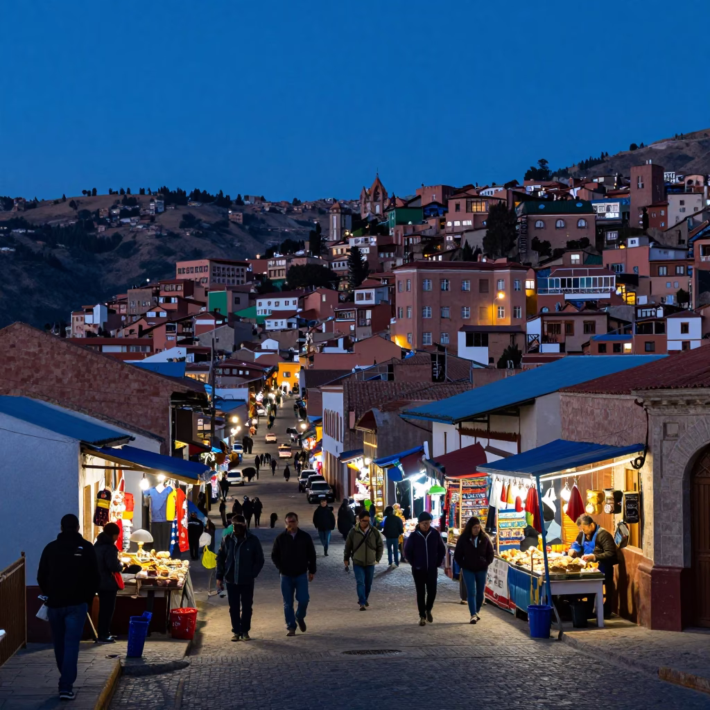 Indigo Twilight Street Scene in La Paz Bolivia with Local Stalls and Street Vendors in in La Paz, Bolivia