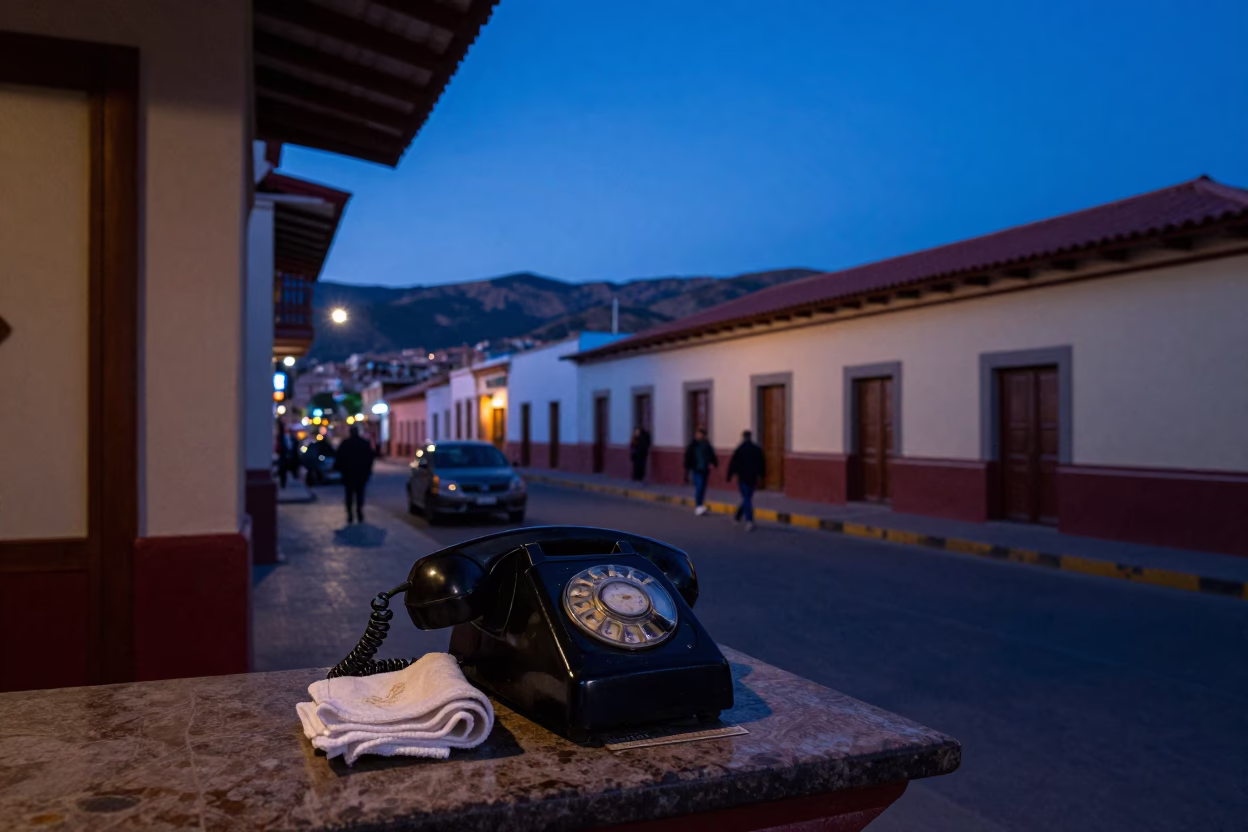 Indigo Twilight Street Scene in La Paz Bolivia with Vintage Telephone and Urban Details in in La Paz, Bolivia