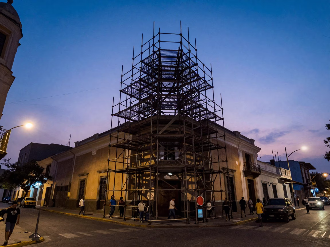 Indigo Twilight Street Scene in Lima Peru with Scaffold Geometry and Urban Details in in Lima, Peru