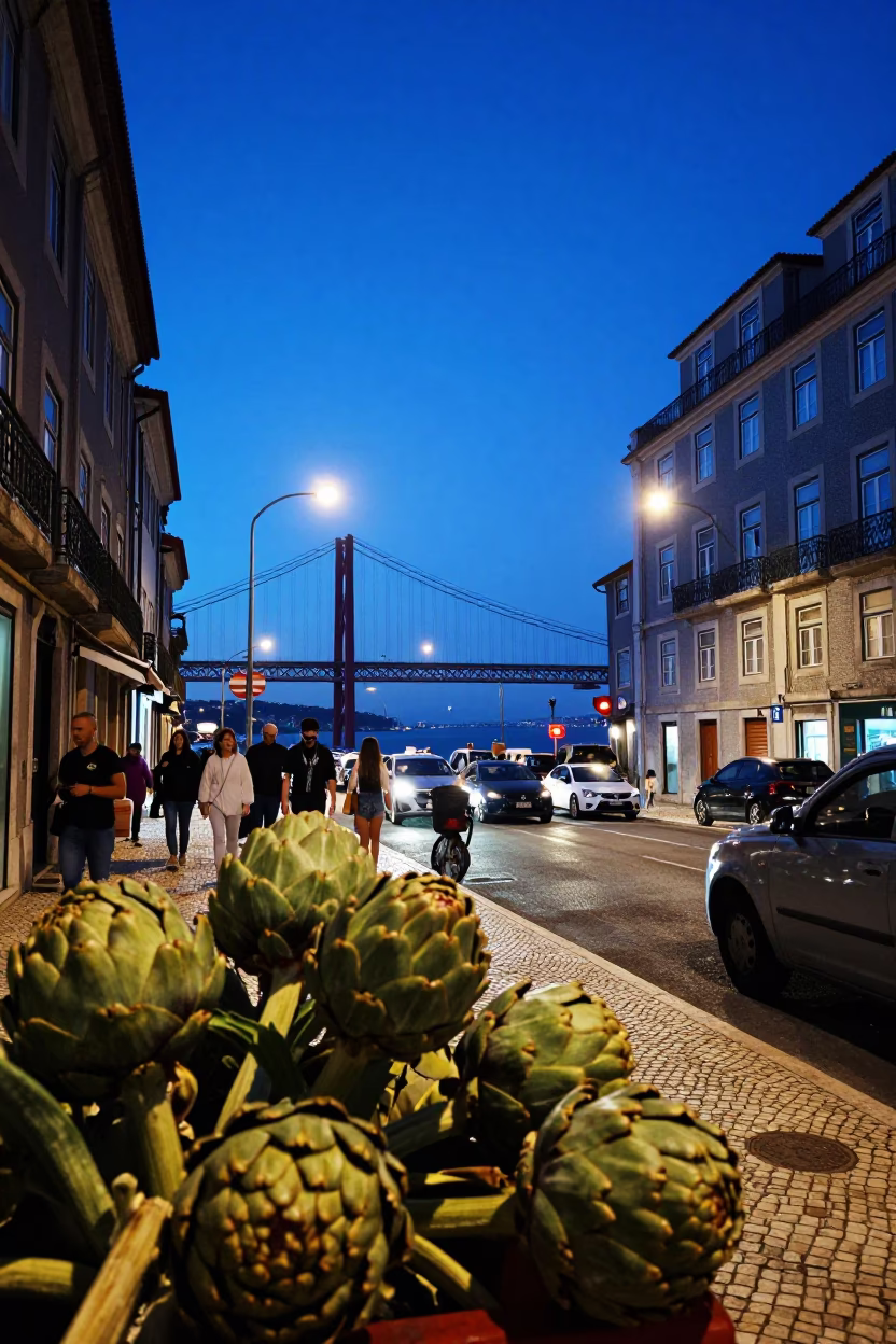 Indigo Twilight Street Scene in Lisbon Portugal with Artichokes and Daily Life in in Lisbon, Portugal