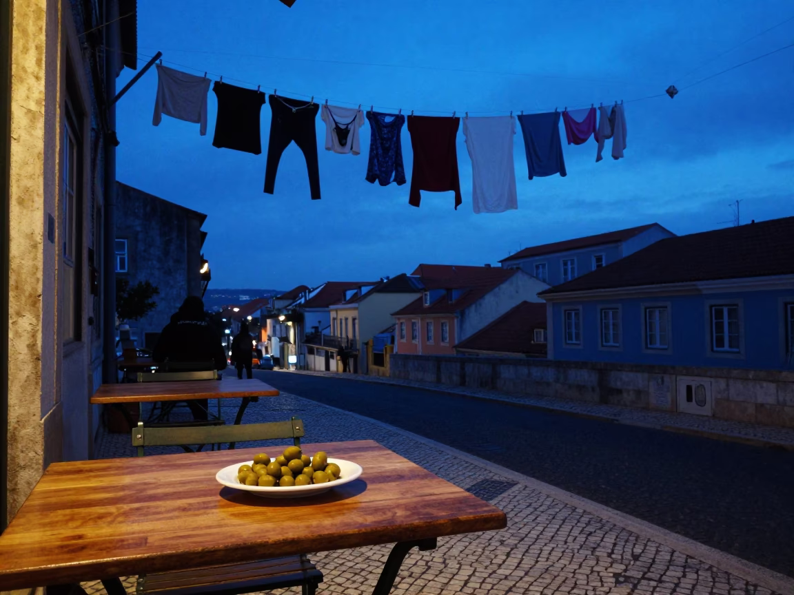 Indigo Twilight Street Scene in Lisbon Portugal with Laundry Lines and Olives in in Lisbon, Portugal