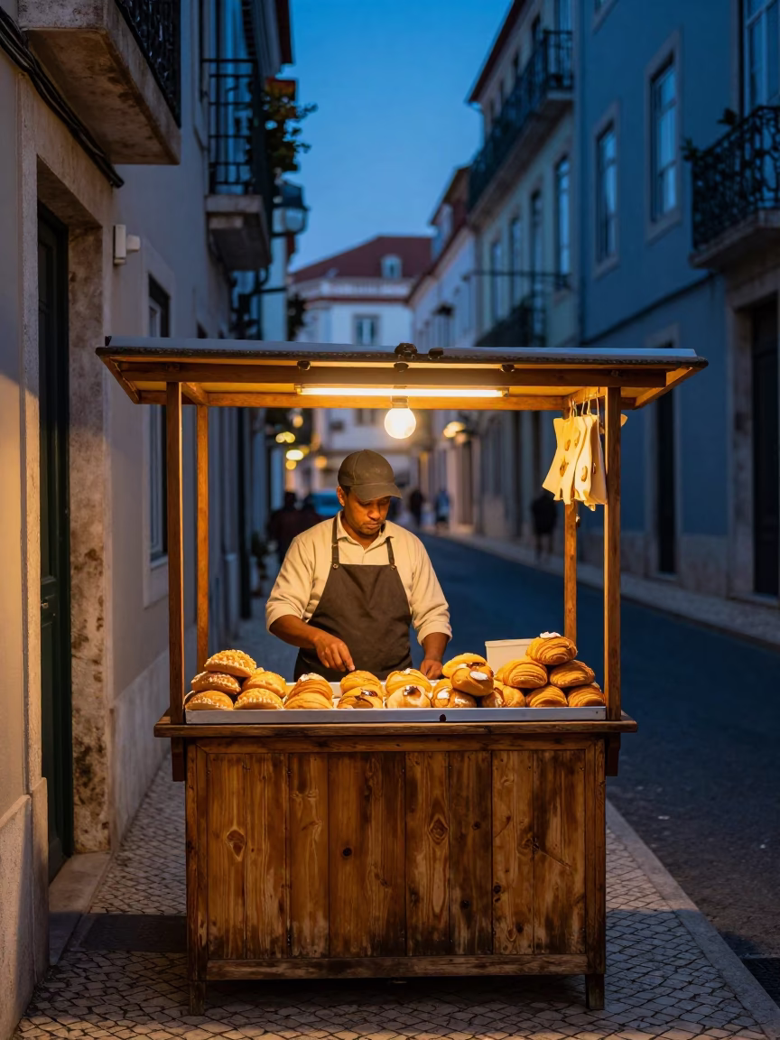 Indigo Twilight Street Scene in Lisbon Portugal with Pastries and Rustic Details in in Lisbon, Portugal