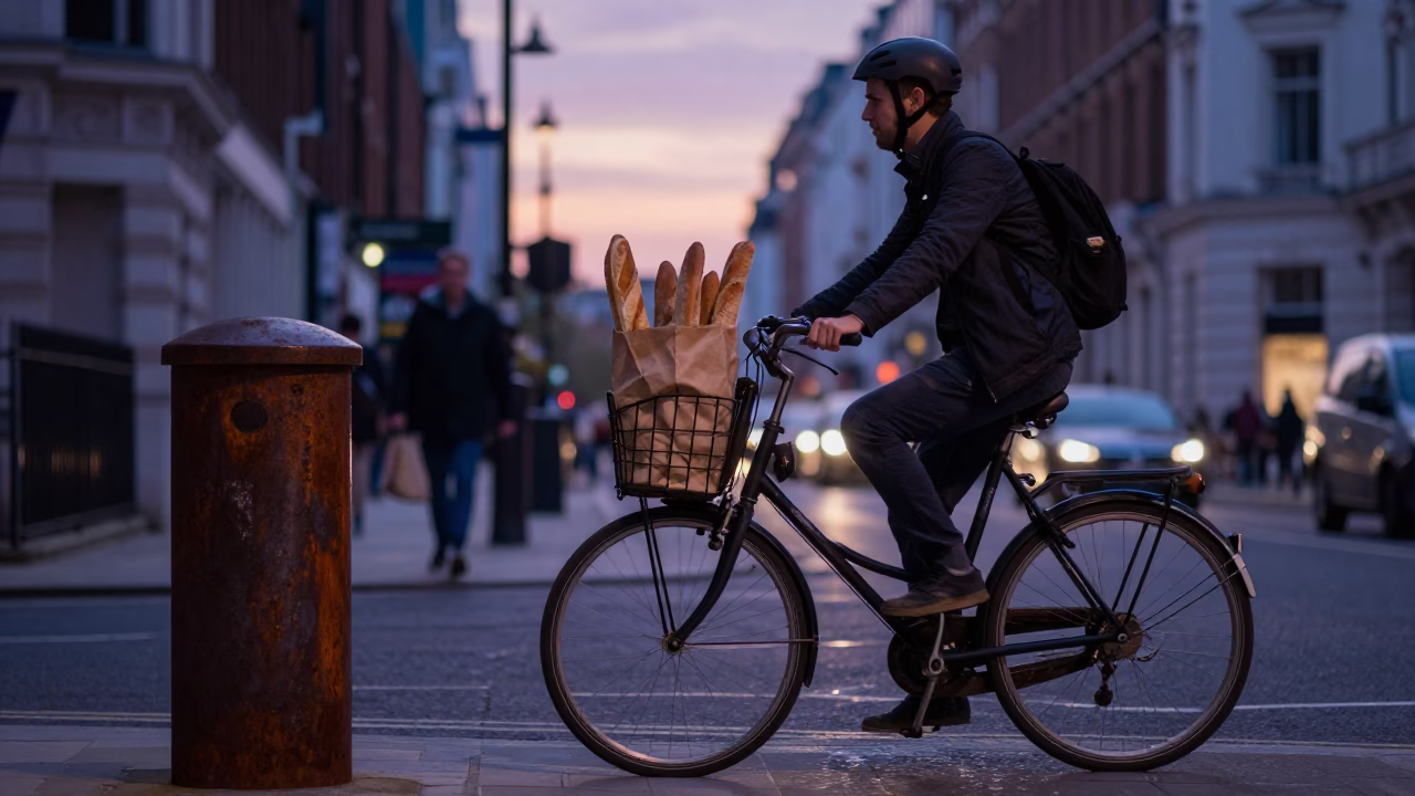Indigo Twilight Street Scene in London United Kingdom with Bicycle and Rusty Bracket in in London, United Kingdom