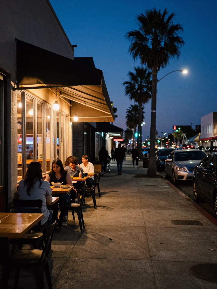 Indigo Twilight Street Scene in Los Angeles California with Soup Bowls and Urban Activity in in Los Angeles, California, United States