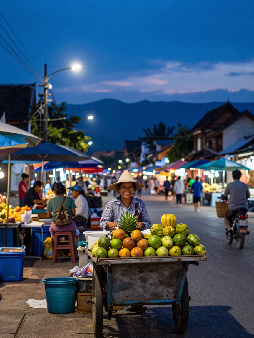 Indigo Twilight Street Scene in Luang Prabang Laos with Local Market Activity in in Luang Prabang, Laos