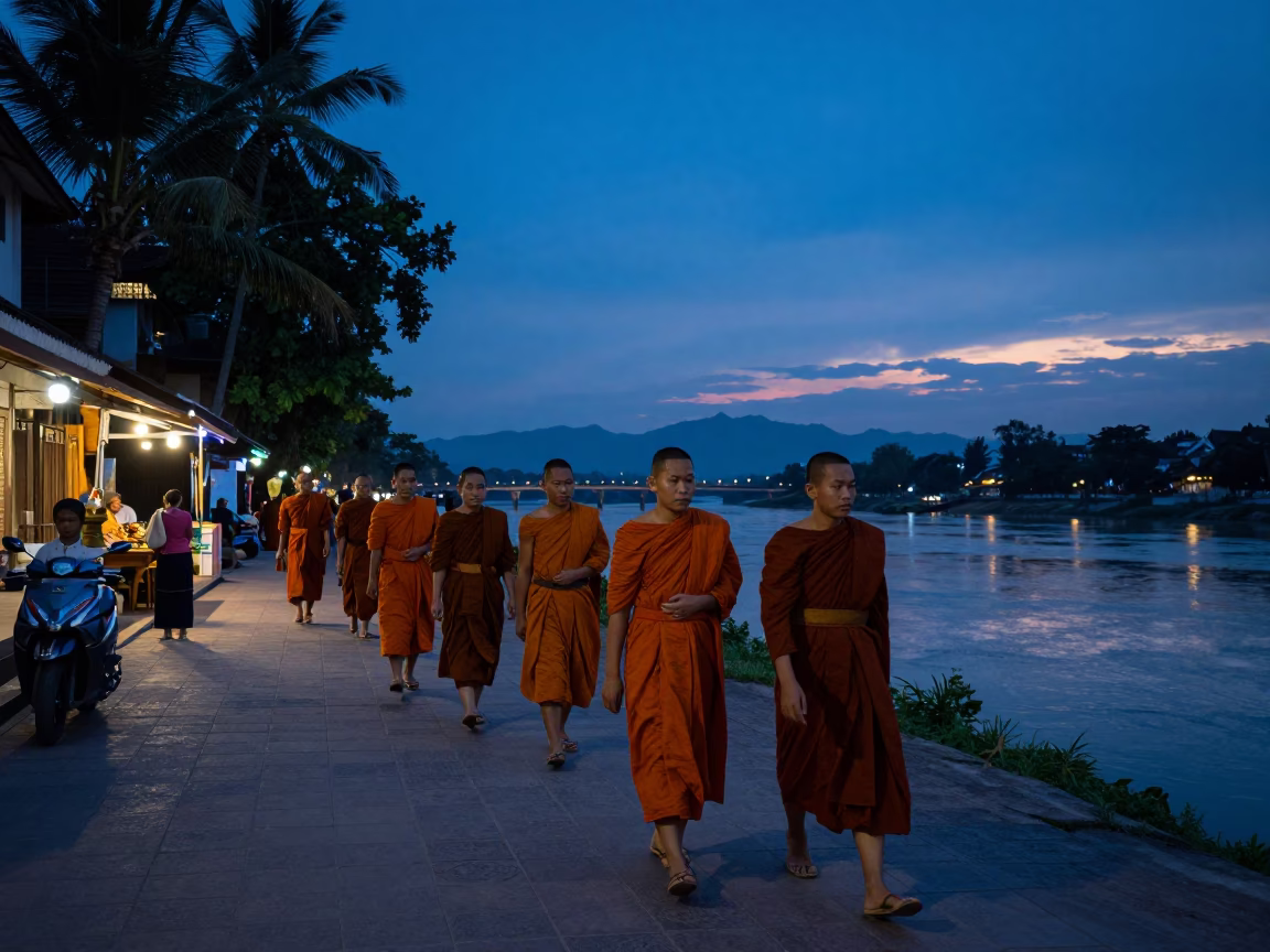 Indigo Twilight Street Scene in Luang Prabang Laos with Monks and Local Life in in Luang Prabang, Laos